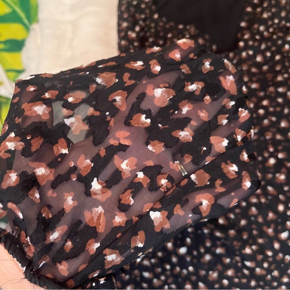 Kasper XL Black Brown Abstract Spotted Textured Sheer Peasant Sleeve Office Top - Picture 5 of 9